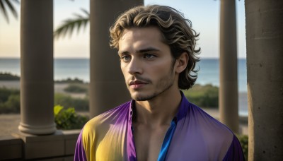 HQ,solo,short hair,brown hair,shirt,1boy,brown eyes,upper body,male focus,outdoors,necktie,day,collared shirt,water,blurry,tree,lips,looking to the side,blurry background,facial hair,ocean,beach,portrait,beard,striped shirt,realistic,palm tree,stubble,purple shirt,pillar,column,blue eyes,closed mouth,open clothes,sky,open shirt,parody,sunlight,looking afar