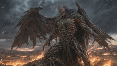 solo,red eyes,1boy,standing,male focus,outdoors,wings,sky,cloud,no humans,glowing,cloudy sky,fire,glowing eyes,claws,rain,monster,ribs,skeleton,demon,embers,grey sky,burning,teeth,fingernails,skull