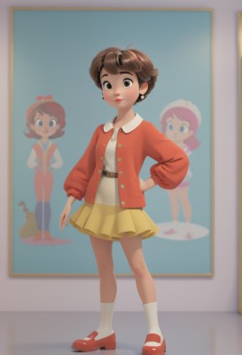 1girl,solo,looking at viewer,smile,short hair,blue eyes,skirt,brown hair,shirt,long sleeves,hat,brown eyes,jewelry,standing,jacket,full body,earrings,shoes,socks,belt,dark skin,dark-skinned female,lips,hand on hip,cardigan,white socks,red footwear,red nails,mary janes,red jacket,yellow skirt,blush,bangs,simple background,dress,closed mouth,white shirt,hairband,open clothes,blue background