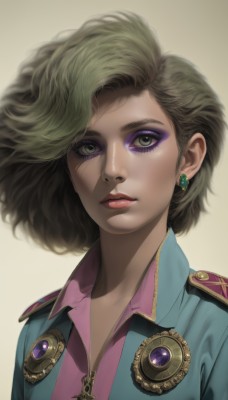 1girl,solo,looking at viewer,short hair,simple background,brown hair,shirt,brown eyes,jewelry,green eyes,upper body,earrings,parted lips,green hair,collared shirt,uniform,lips,head tilt,eyelashes,makeup,lipstick,gem,portrait,eyeshadow,freckles,curly hair,pink shirt,realistic,blonde hair,nose,eyeliner,mascara