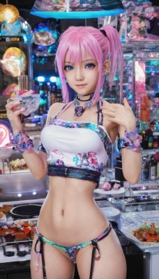 1girl,solo,breasts,looking at viewer,smile,bangs,blue eyes,thighhighs,navel,holding,bare shoulders,twintails,jewelry,medium breasts,underwear,standing,panties,pink hair,cowboy shot,earrings,food,choker,midriff,indoors,necklace,nail polish,bracelet,cup,lips,crop top,garter straps,piercing,scrunchie,plate,blue nails,garter belt,realistic,spoon,wrist scrunchie,short hair,swimsuit,bikini,ring,ear piercing,pink scrunchie