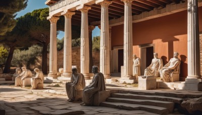 sitting,outdoors,multiple boys,sky,day,tree,no humans,scenery,6+boys,robe,stairs,ruins,pillar,statue,arch,column,cloud,blue sky,sunlight,building,shade,architecture,east asian architecture,fountain