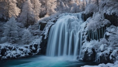 outdoors,water,tree,no humans,nature,scenery,snow,forest,ice,rock,winter,bare tree,river,waterfall,blurry,snowing,landscape