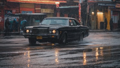 outdoors,solo focus,no humans,night,ground vehicle,building,scenery,motor vehicle,reflection,rain,sign,car,road,multiple others,vehicle focus,lamppost,street,ambiguous gender,sports car,truck,puddle