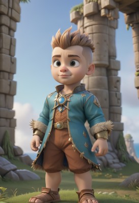 solo,looking at viewer,smile,short hair,brown hair,1boy,brown eyes,jewelry,standing,full body,male focus,outdoors,sky,shorts,day,belt,artist name,blurry,black eyes,blue sky,coat,fur trim,sandals,grass,spiked hair,child,clenched hands,rock,male child,brown shorts,blue coat,cliff,blonde hair,jacket