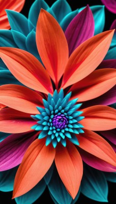 solo,simple background,flower,no humans,leaf,black background,red flower,blue flower,purple flower,orange flower,still life,plant,gem,crystal,colorful