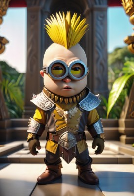 solo,looking at viewer,blonde hair,gloves,1boy,standing,full body,male focus,boots,outdoors,belt,pants,artist name,chibi,armor,blurry,brown footwear,plant,goggles,shoulder armor,brown gloves,arms at sides,bald,fat,pillar,fat man,mohawk,open mouth,parted lips,glasses,blurry background,colored skin,piercing,blue skin