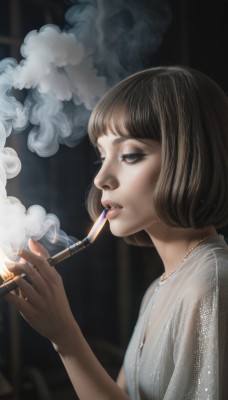 1girl,solo,looking at viewer,short hair,open mouth,bangs,brown hair,shirt,holding,brown eyes,jewelry,white shirt,upper body,parted lips,necklace,from side,lips,eyelashes,profile,makeup,bob cut,fire,lipstick,eyeshadow,smoke,cigarette,realistic,nose,smoking,lighter