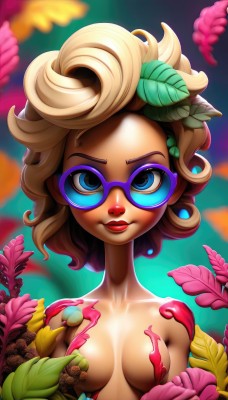 1girl,solo,breasts,looking at viewer,smile,short hair,blue eyes,blonde hair,hair ornament,medium breasts,collarbone,upper body,flower,nude,small breasts,glasses,blurry,lips,eyelashes,makeup,leaf,sunglasses,bug,plant,lipstick,convenient censoring,eyeshadow,curly hair,red lips