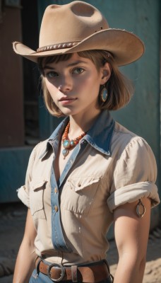 1girl,solo,looking at viewer,smile,short hair,bangs,brown hair,shirt,hat,brown eyes,jewelry,closed mouth,white shirt,upper body,short sleeves,earrings,outdoors,day,collared shirt,belt,pants,necklace,blurry,lips,buttons,blurry background,denim,buckle,freckles,pocket,jeans,belt buckle,realistic,nose,brown headwear,brown belt,breast pocket,cowboy hat,cowboy western,parted lips,blue shirt,sleeves rolled up,denim jacket