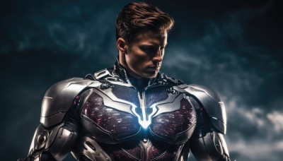 solo,blonde hair,brown hair,1boy,closed mouth,upper body,male focus,cloud,armor,glowing,science fiction,realistic,manly,cyborg,power armor,short hair,looking to the side,bodysuit,muscular,facial hair,superhero