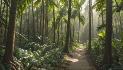 outdoors,day,tree,no humans,leaf,sunlight,grass,plant,nature,scenery,forest,light rays,palm tree,bush,dappled sunlight,road,landscape,path