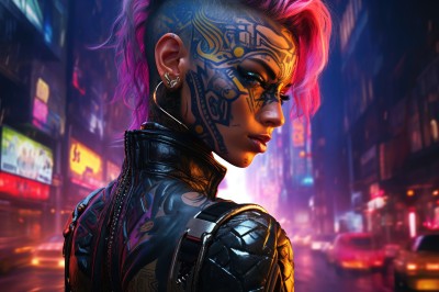 1girl,solo,looking at viewer,short hair,blue eyes,jewelry,jacket,upper body,pink hair,multicolored hair,earrings,parted lips,looking back,dark skin,from behind,mole,blurry,two-tone hair,dark-skinned female,lips,tattoo,profile,makeup,night,blurry background,piercing,lipstick,ground vehicle,ear piercing,portrait,motor vehicle,eyeshadow,science fiction,city,realistic,nose,car,leather,undercut,facial tattoo,cyborg,leather jacket,mohawk,cyberpunk,nose piercing,neon lights,purple hair,outdoors,eyelashes,zipper,hoop earrings,lip piercing,eyebrow piercing