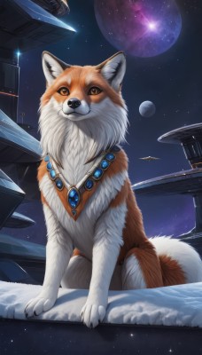 solo,looking at viewer,brown eyes,jewelry,sitting,outdoors,sky,necklace,orange eyes,no humans,night,animal,moon,star (sky),night sky,starry sky,dog,realistic,space,animal focus,planet,spacecraft