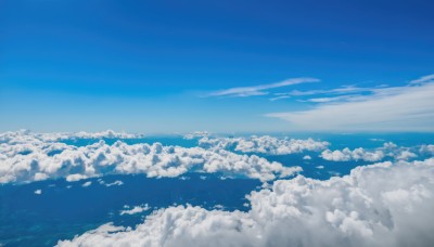 monochrome,outdoors,sky,day,cloud,water,blue sky,no humans,ocean,cloudy sky,scenery,blue theme,horizon,landscape,above clouds,bird,flock