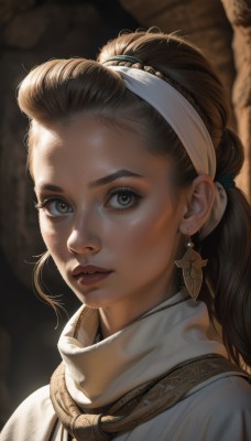 1girl,solo,long hair,looking at viewer,brown hair,brown eyes,jewelry,closed mouth,upper body,ponytail,hairband,earrings,parted lips,blurry,lips,grey eyes,eyelashes,blurry background,portrait,forehead,freckles,realistic,nose,hair pulled back,artist name,dark skin,necklace,scarf,dark-skinned female,watermark