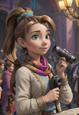 1girl,long hair,looking at viewer,blush,smile,open mouth,multiple girls,skirt,brown hair,shirt,hair ornament,long sleeves,holding,jewelry,green eyes,jacket,upper body,ponytail,earrings,parted lips,multiple boys,open clothes,solo focus,belt,artist name,indoors,scarf,blurry,open jacket,lips,coat,eyelashes,depth of field,blurry background,scrunchie,high ponytail,blue shirt,freckles,camera,brown belt,crowd,holding camera,people,neckerchief,watermark,web address,hair scrunchie,lantern,nose