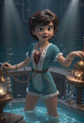 1girl,solo,breasts,looking at viewer,blush,smile,short hair,open mouth,brown hair,dress,holding,cleavage,brown eyes,jewelry,standing,short sleeves,hairband,earrings,small breasts,shorts,teeth,belt,dark skin,water,necklace,bracelet,dark-skinned female,puffy short sleeves,lips,fur trim,chain,table,sunlight,child,wading,pendant,beads,light rays,lantern,red lips,lamp,candlelight,shirt,parted lips,short shorts,makeup,denim,lipstick,denim shorts,holding lantern