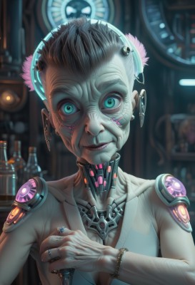 1girl,solo,looking at viewer,smile,short hair,blue eyes,1boy,jewelry,green eyes,collarbone,upper body,parted lips,indoors,blurry,bracelet,aqua eyes,blurry background,headgear,ring,science fiction,android,joints,old,cyborg,robot joints,cyberpunk,mechanical parts,wrinkled skin,breasts,black hair,earrings,artist name,lips,makeup,glowing,colored skin,bottle,artificial eye,mechanical eye