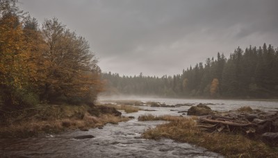 outdoors,sky,day,cloud,water,tree,no humans,cloudy sky,grass,nature,scenery,forest,rock,mountain,bare tree,river,landscape,fog,grey sky,snow,lake,overcast