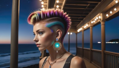 1girl,solo,short hair,blue eyes,blonde hair,bare shoulders,jewelry,collarbone,upper body,pink hair,purple hair,multicolored hair,earrings,parted lips,sky,dark skin,water,necklace,two-tone hair,dark-skinned female,lips,eyelashes,makeup,night,ocean,looking away,tank top,night sky,realistic,nose,undercut,outdoors,alternate costume,artist name,signature,blurry,from side,looking to the side,profile,piercing,portrait,star (sky),pendant,eyeshadow,asymmetrical hair,light,looking afar