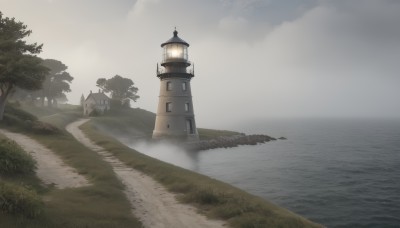 outdoors,sky,day,cloud,water,tree,no humans,grass,building,nature,scenery,forest,road,bush,lamppost,river,tower,landscape,fog,path,ocean,cloudy sky,horizon,lighthouse