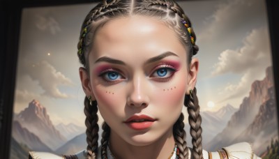 1girl,solo,long hair,looking at viewer,blue eyes,brown hair,hair ornament,jewelry,braid,earrings,outdoors,parted lips,sky,day,cloud,necklace,blurry,twin braids,lips,eyelashes,makeup,cloudy sky,lipstick,portrait,forehead,eyeshadow,freckles,mountain,realistic,red lips,mountainous horizon,mascara,multiple braids,facial mark,sunlight,nose,sun