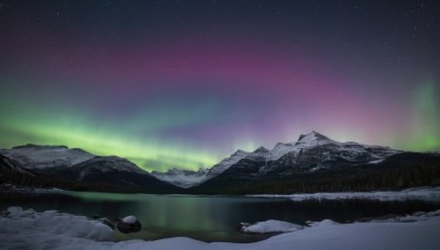 hat,outdoors,sky,water,tree,no humans,night,star (sky),nature,night sky,scenery,snow,starry sky,reflection,rock,mountain,winter,river,landscape,mountainous horizon,lake,aurora