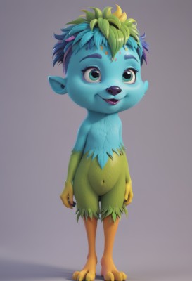 solo,smile,open mouth,blue eyes,simple background,1boy,navel,green eyes,blue hair,standing,full body,male focus,multicolored hair,green hair,teeth,grey background,colored skin,claws,furry,furry male,body fur,buck teeth,blue fur,1girl,short hair,pointy ears,realistic