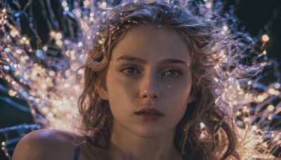 1girl,solo,long hair,looking at viewer,blue eyes,brown hair,bare shoulders,parted lips,teeth,blurry,lips,depth of field,blurry background,portrait,freckles,realistic,green eyes,eyelashes,nose,spaghetti strap,light,bokeh