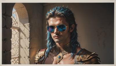 solo,long hair,black hair,1boy,jewelry,closed mouth,blue hair,collarbone,upper body,male focus,multicolored hair,armor,two-tone hair,lips,sunglasses,shoulder armor,messy hair,gem,portrait,pauldrons,realistic,necklace,facial hair