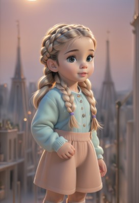 1girl,solo,long hair,looking at viewer,blue eyes,skirt,blonde hair,brown hair,shirt,long sleeves,twintails,closed mouth,standing,braid,outdoors,shorts,socks,blurry,black eyes,twin braids,lips,grey eyes,buttons,depth of field,blurry background,blue shirt,building,child,forehead,city,female child,lamppost,smile,parted lips,kneehighs,thick eyebrows,aged down,crown braid,brown shorts