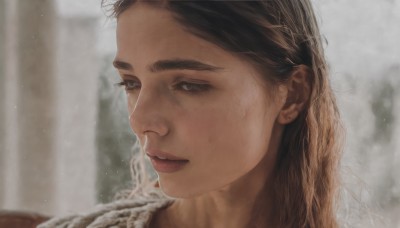 1girl,solo,long hair,looking at viewer,brown hair,black hair,jewelry,closed mouth,earrings,mole,blurry,lips,grey eyes,eyelashes,depth of field,blurry background,portrait,freckles,realistic,nose,stud earrings,mole on cheek,brown eyes,black eyes,looking away,expressionless,looking down,close-up