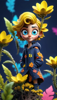 1girl,solo,looking at viewer,short hair,blue eyes,blonde hair,jewelry,closed mouth,standing,full body,flower,earrings,boots,outdoors,hood,mole,blurry,lips,coat,hoodie,makeup,leaf,blue background,thick eyebrows,hood down,bug,plant,animal print,butterfly,child,freckles,blue footwear,yellow flower,hands in pockets,drawstring,female child,stud earrings,ladybug,smile,pants,artist name,signature,night,moon,full moon,sunflower