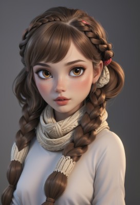 1girl,solo,long hair,looking at viewer,blush,bangs,simple background,brown hair,hair ornament,brown eyes,upper body,braid,parted lips,artist name,grey background,scarf,twin braids,lips,eyelashes,swept bangs,hair over shoulder,freckles,realistic,nose,multiple braids,shirt,jewelry,earrings,makeup,hair tie