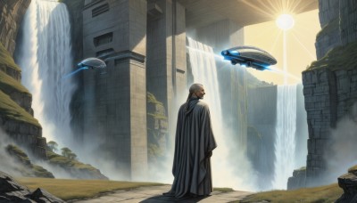 solo,1boy,standing,male focus,outdoors,day,hood,water,from behind,sunlight,building,scenery,cloak,science fiction,robe,light rays,city,aircraft,fantasy,sun,bald,ruins,pillar,waterfall,spacecraft,facial hair,floating,rock,realistic,old,old man,alien,fog