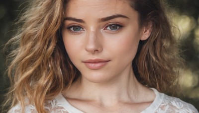 1girl,solo,long hair,looking at viewer,smile,blue eyes,blonde hair,brown hair,shirt,closed mouth,collarbone,white shirt,blurry,lips,grey eyes,eyelashes,depth of field,blurry background,wavy hair,portrait,close-up,forehead,freckles,realistic,nose,mole on cheek,artist name,mole,light smile,messy hair