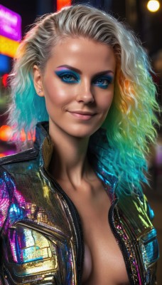 1girl,solo,long hair,breasts,looking at viewer,smile,blue eyes,blonde hair,cleavage,jewelry,medium breasts,closed mouth,blue hair,collarbone,jacket,upper body,multicolored hair,earrings,small breasts,open clothes,shiny,artist name,signature,blurry,two-tone hair,open jacket,lips,black jacket,eyelashes,no bra,aqua hair,gradient hair,makeup,depth of field,blurry background,watermark,piercing,lipstick,breasts apart,web address,forehead,eyeshadow,zipper,asymmetrical hair,realistic,nose,center opening,unzipped,stud earrings,eyeliner,leather,leather jacket,mascara,cyberpunk,rainbow hair,short hair,white hair,neon lights