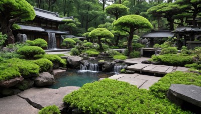 outdoors,day,water,tree,no humans,grass,plant,building,nature,scenery,forest,rock,road,bush,architecture,east asian architecture,river,waterfall,path,moss,stone,pond,stone lantern,real world location,stream