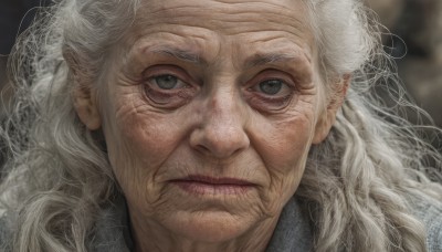 solo,long hair,looking at viewer,1boy,closed mouth,white hair,male focus,blurry,lips,grey eyes,blurry background,facial hair,wavy hair,portrait,realistic,old,old man,wrinkled skin,grey hair,close-up,curly hair,nose,old woman