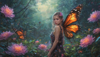 1girl, solo, long hair, looking at viewer, brown hair, hair ornament, dress, brown eyes, flower, outdoors, parted lips, wings, sleeveless, hair flower, tree, lips, sleeveless dress, bug, butterfly, nature, pink flower, forest, realistic, fairy, butterfly wings