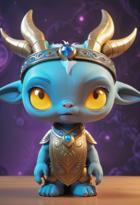 solo,looking at viewer,open mouth,1boy,jewelry,standing,full body,yellow eyes,male focus,horns,artist name,armor,no humans,colored skin,slit pupils,shoulder armor,gem,furry,colored sclera,purple background,furry male,yellow sclera,fewer digits,yordle,1girl,animal ears,parted lips,pointy ears,orange eyes,claws,blue skin