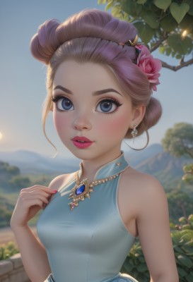 1girl,solo,breasts,looking at viewer,blush,short hair,blue eyes,blonde hair,brown hair,hair ornament,dress,bare shoulders,jewelry,upper body,flower,earrings,small breasts,outdoors,parted lips,sky,teeth,sleeveless,day,artist name,hand up,hair flower,necklace,hair bun,nail polish,blurry,tree,lips,eyelashes,makeup,sleeveless dress,depth of field,blurry background,blue dress,rose,leaf,single hair bun,lipstick,gem,forehead,pink flower,pink nails,eyeshadow,freckles,pink lips,nose,branch,red lips,pink rose,mascara,smile,medium breasts,purple hair,blue sky,fingernails,brooch