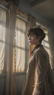 1girl,solo,looking at viewer,short hair,bangs,blue eyes,brown hair,shirt,black hair,long sleeves,standing,jacket,necktie,indoors,hair bun,from side,lips,coat,window,chain,arms behind back,formal,sunlight,single hair bun,suit,curtains,red necktie,realistic,nose,1boy,jewelry,upper body,male focus,parted lips,day,looking to the side