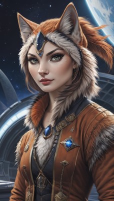 1girl,solo,looking at viewer,short hair,brown hair,animal ears,brown eyes,jewelry,jacket,upper body,ponytail,earrings,parted lips,open clothes,sky,artist name,signature,necklace,lips,fur trim,fox ears,makeup,lipstick,brooch,gem,star (sky),starry sky,freckles,brown jacket,nose,red lips,space,planet,breasts,medium breasts,green eyes,cat ears,orange hair,coat,eyelashes,circlet,realistic,headpiece