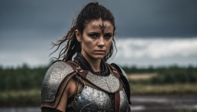 1girl,solo,long hair,looking at viewer,brown hair,black hair,brown eyes,closed mouth,upper body,outdoors,sky,armor,blurry,black eyes,lips,blurry background,shoulder armor,messy hair,pauldrons,breastplate,realistic,dirty,chainmail,jewelry,earrings,day,dark skin,dark-skinned female,scar