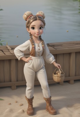 1girl,solo,long hair,looking at viewer,smile,brown hair,shirt,long sleeves,holding,brown eyes,closed mouth,standing,full body,white shirt,braid,boots,outdoors,pants,water,hair bun,vest,twin braids,lips,hand on hip,double bun,ocean,brown footwear,child,hair over shoulder,forehead,fence,basket,female child,brown vest,puffy long sleeves,freckles,overalls,holding basket