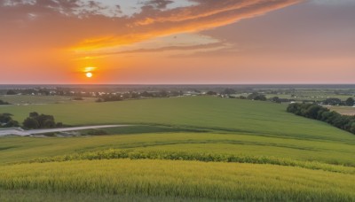 outdoors,sky,cloud,water,no humans,ocean,beach,cloudy sky,grass,scenery,sunset,rock,mountain,sun,horizon,field,river,evening,landscape,mountainous horizon,shore,orange sky,hill,tree,nature