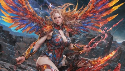 1girl,solo,long hair,breasts,looking at viewer,blue eyes,blonde hair,large breasts,holding,cleavage,sitting,closed mouth,weapon,boots,outdoors,parted lips,wings,sky,sword,cloud,holding weapon,armor,leotard,lips,blood,night,floating hair,glowing,holding sword,fire,feathers,wind,shoulder armor,night sky,feathered wings,pauldrons,rock,mountain,realistic,nose,fantasy,vambraces,red lips,bracer,ruins,red wings,glowing weapon,spread wings,molten rock,flaming weapon,flaming sword,makeup,polearm,building,rooftop