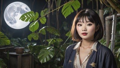 1girl,solo,looking at viewer,short hair,bangs,brown hair,shirt,black hair,brown eyes,collarbone,jacket,white shirt,upper body,outdoors,parted lips,open clothes,collared shirt,blurry,black eyes,lips,night,depth of field,leaf,moon,bob cut,plant,blue jacket,nature,full moon,realistic,nose,fence,red lips,bamboo,breasts,dress,cleavage,teeth,makeup,lipstick,potted plant